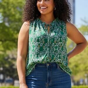 Max Studio Green Floral Top Womens Size 1X Ruffled Keyhole Career Casual Top